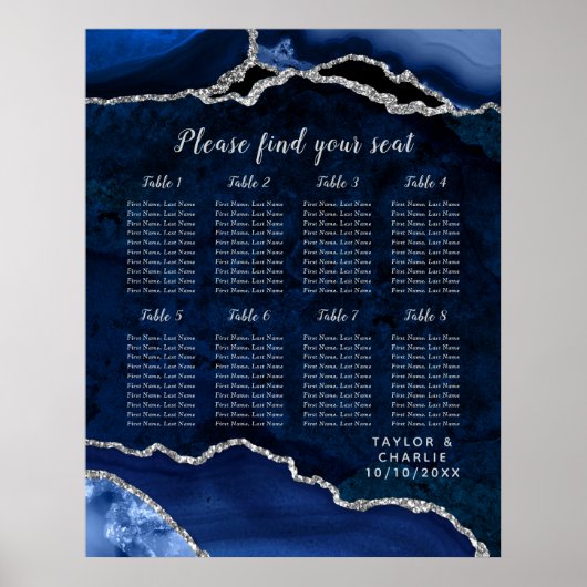 Poster Plan de table de mariage Navy Silver Agate 8 table (Devant)