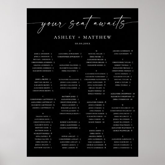 Poster Plan de table de mariage noir | Alphabétique éléga (Devant)
