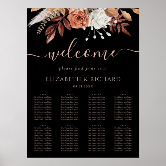 Poster Plan de table de mariage noir avec fleurs en terre (Devant)