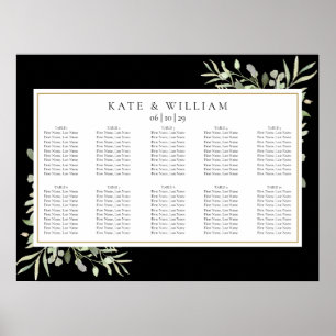 Poster Plan de table de mariage noir et or avec verdure