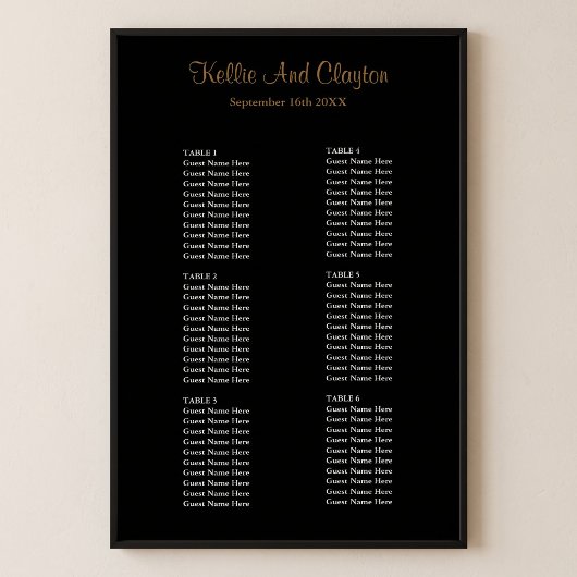 Poster Plan de table de mariage noir simple 60