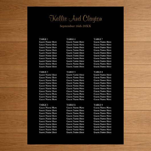 Poster Plan de table de mariage noir simple 90