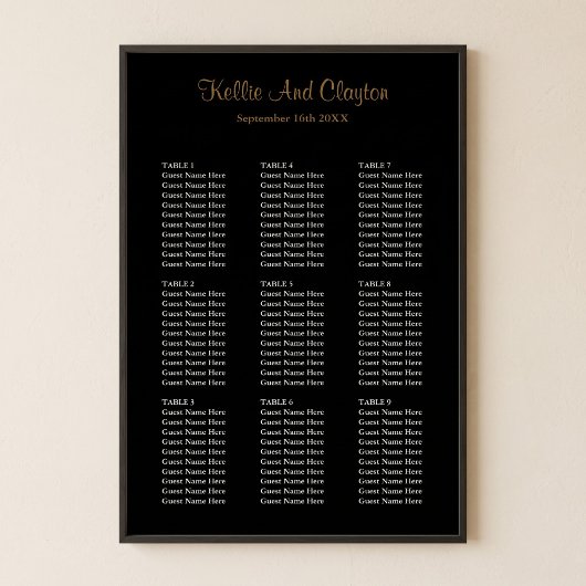 Poster Plan de table de mariage noir simple 90
