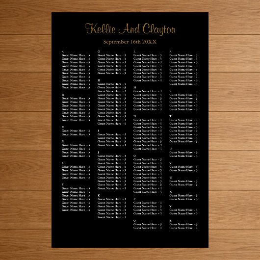 Poster Plan de table de mariage noir simple pour 160 pers