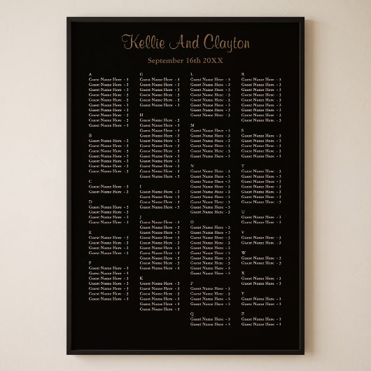 Poster Plan de table de mariage noir simple pour 160 pers