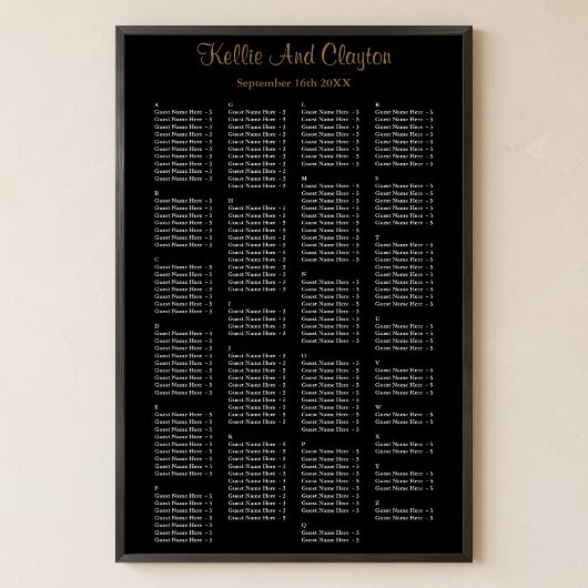 Poster Plan de table de mariage noir simple pour 200 pers