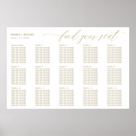 Poster Plan de table de mariage or Calligraphie élégante (Devant)