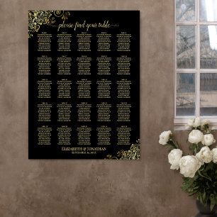 Poster Plan de table de mariage or et noir à 25 tables