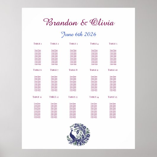 Poster Plan de table de mariage Paon Bleu Royal (Devant)