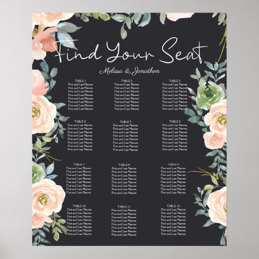 Poster Plan de table de mariage pastel vert pêche marine (Devant)