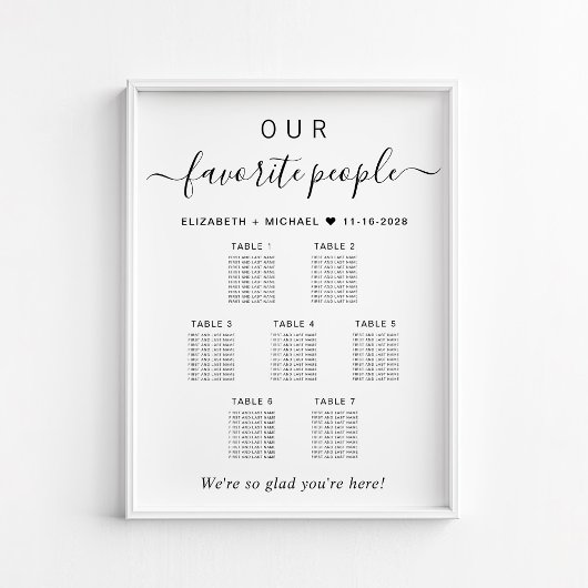Poster Plan de table de mariage pour 7 tables avec les pe