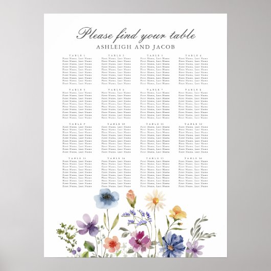 Poster Plan de table de mariage printanier aux fleurs sau (Devant)