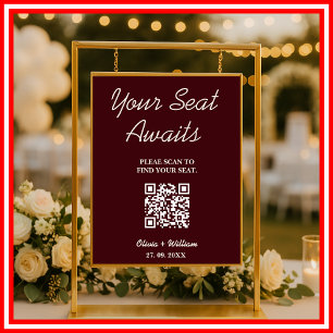 Poster Plan de table de mariage QR Bourgogne & Ivoire Rus