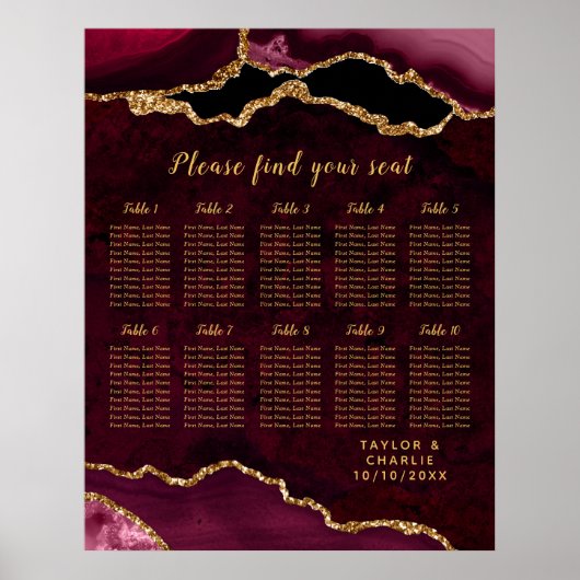 Poster Plan de table de mariage Red Gold Agate 10 tables (Devant)