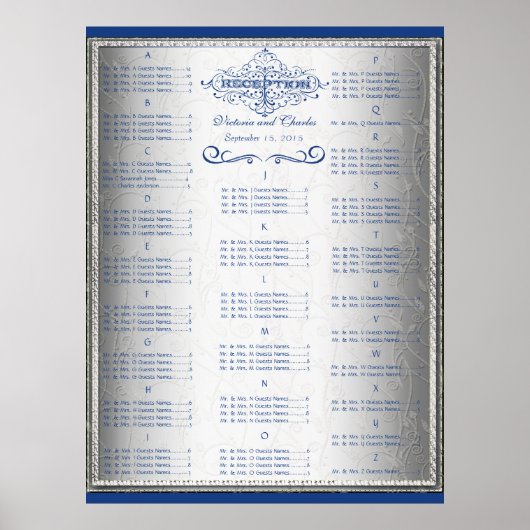 Poster Plan de table de mariage rétro bleu et argent (Devant)