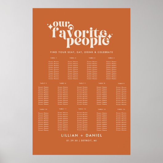 Poster Plan de table de mariage rétro moderne orange 14 (Devant)