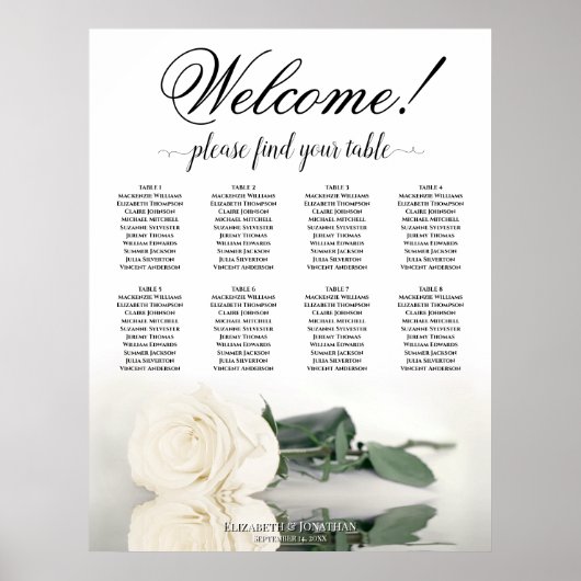 Poster Plan de table de mariage Rose blanche de la table (Devant)