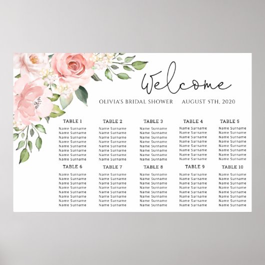 Poster Plan de table de mariage rose floral blush (Devant)