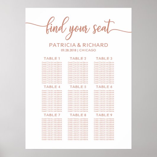 Poster Plan de table de mariage Rose Gold Chic Calligraph (Devant)
