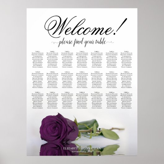 Poster Plan de table de mariage Rose Pourpre Table 21 (Devant)
