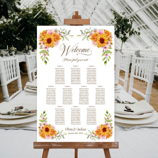 Poster Plan de table de mariage Rose Tournesol 10 Tables