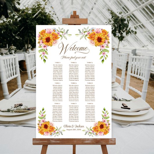 Poster Plan de table de mariage Rose Tournesol 9 tables