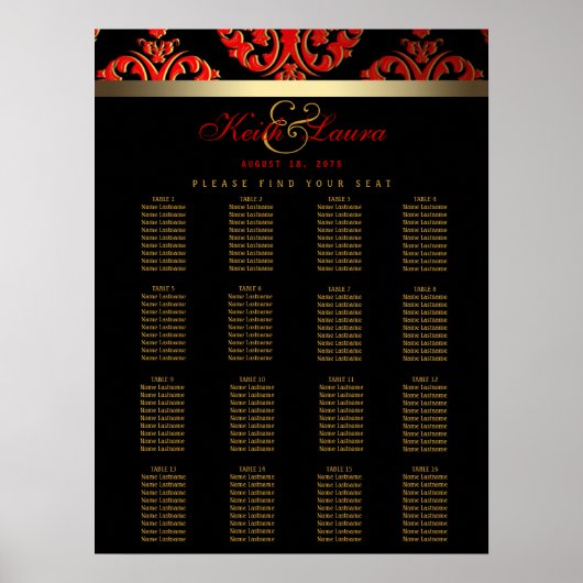 Poster Plan de table de mariage rouge, noir et or (Devant)
