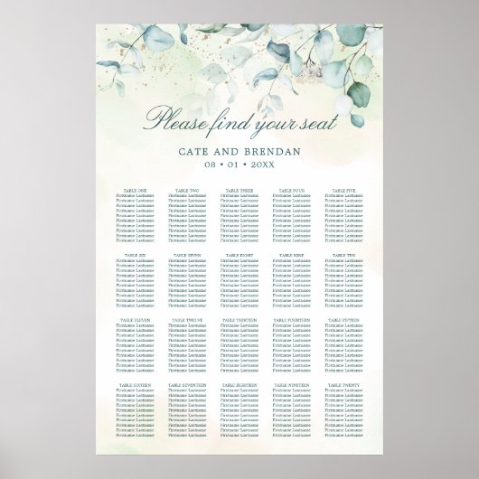 Poster Plan de table de mariage rustique à verdure d'euca (Devant)
