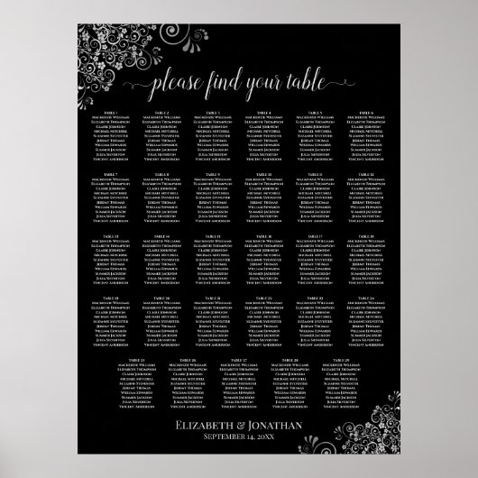 Poster Plan de table de mariage Silver Curls Noir 29 (Devant)