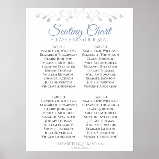 Poster Plan de table de mariage simple 4 tables Bleu & Gr (Devant)