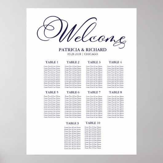 Poster Plan de table de mariage simple avec 10 tables (Devant)