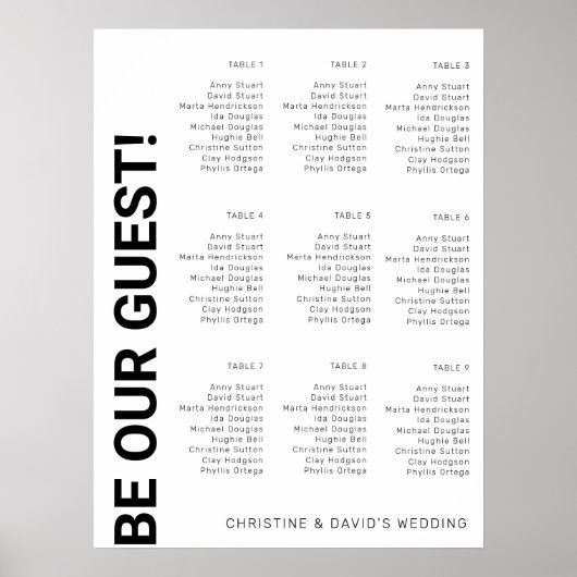 Poster Plan de table de mariage simple blanc pour 9 table (Devant)