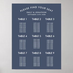 Poster Plan de table de mariage simple bleu marine poussi