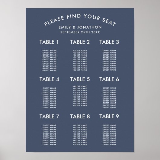 Poster Plan de table de mariage simple bleu marine poussi (Devant)