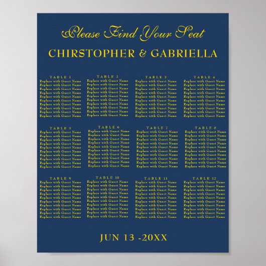 Poster Plan de table de mariage simple en bleu marine et (Devant)