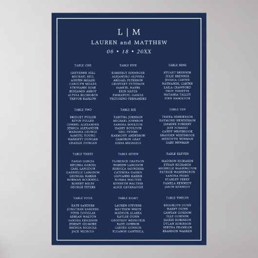Poster Plan de table de mariage simple monogramme bleu ma (Devant)