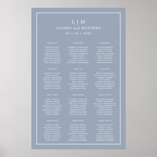 Poster Plan de table de mariage simple monogrammé bleu po (Devant)