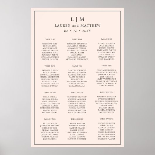 Poster Plan de table de mariage simple monogramme rose pâ (Devant)