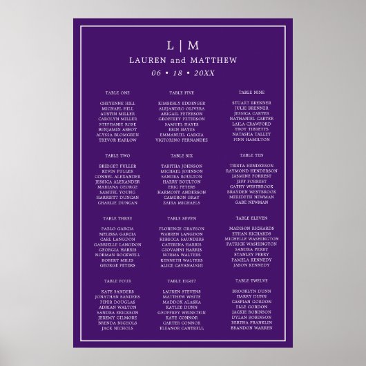 Poster Plan de table de mariage simple monogramme violet (Devant)