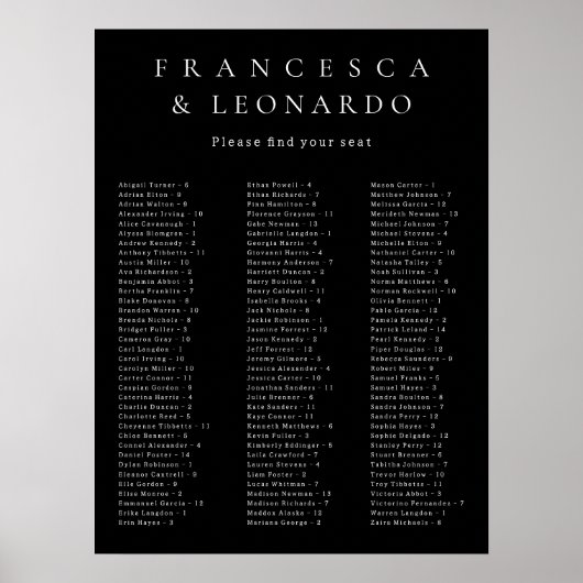 Poster Plan de table de mariage simple noir classique (Devant)