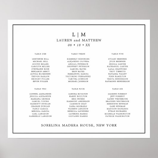 Poster Plan de table de mariage simple noir et blanc (Devant)