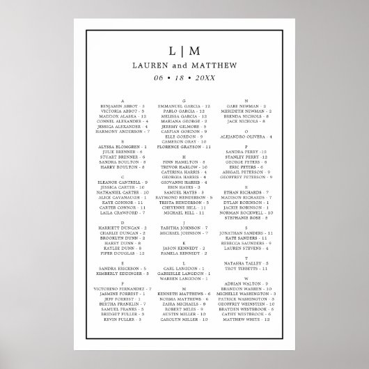 Poster Plan de table de mariage simple noir et blanc (Devant)