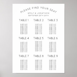 Poster Plan de table de mariage simple noir et blanc