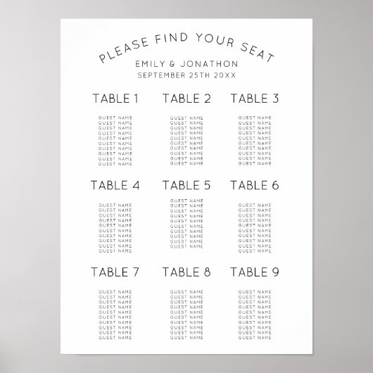 Poster Plan de table de mariage simple noir et blanc (Devant)