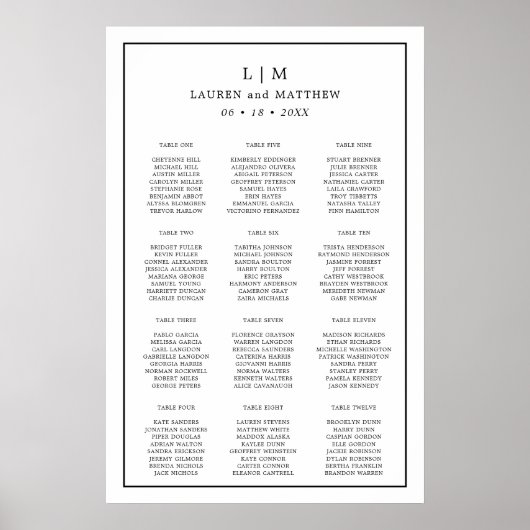 Poster Plan de table de mariage simple noir et blanc (Devant)