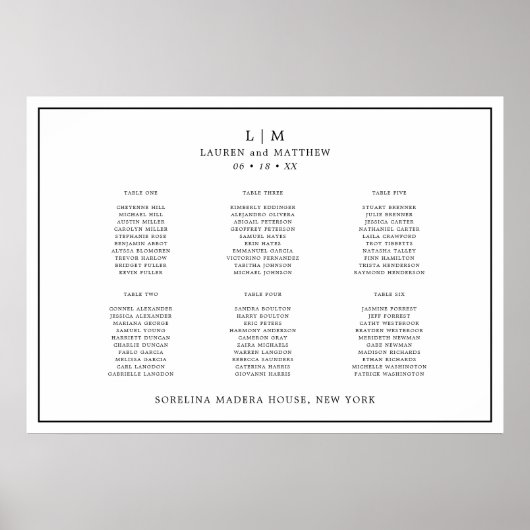 Poster Plan de table de mariage simple noir et blanc (Devant)