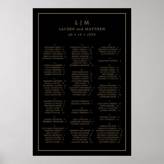Poster Plan de table de mariage simple noir et or (Devant)