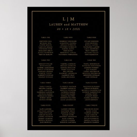 Poster Plan de table de mariage simple noir et or (Devant)