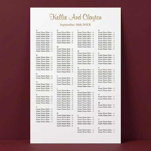 Poster Plan de table de mariage simple pour 160 personnes