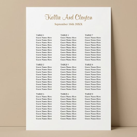 Poster Plan de table de mariage simple pour 90 personnes